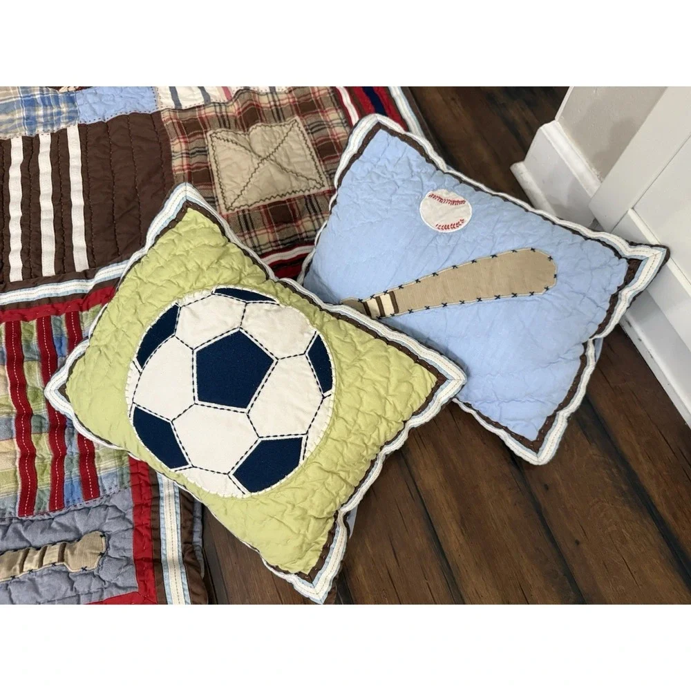 6 pc POTTERY BARN KIDS‎ Twin Quilt Sham Pillows Varsity Sports Plaid Patchwork